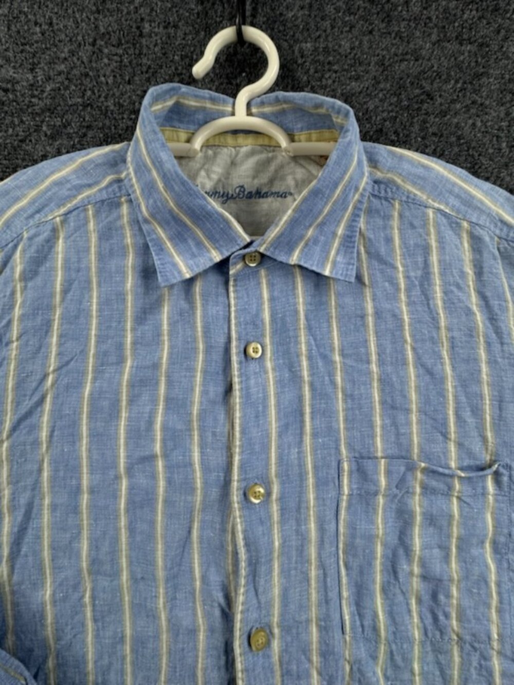 Tommy Bahama Large Striped Linen Blue Long Sleeve Mens Button Up Shirt Pocket
